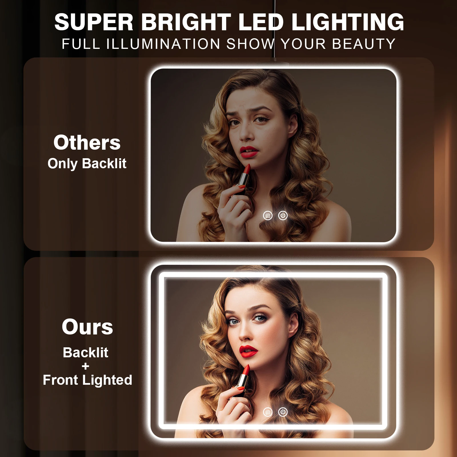 32x40 بوصة LED مرآة حمام الغرور المرايا مع أضواء الخلفية Fogless مرآة لوضع مساحيق التجميل الحائط مع ديميستر عكس الضوء