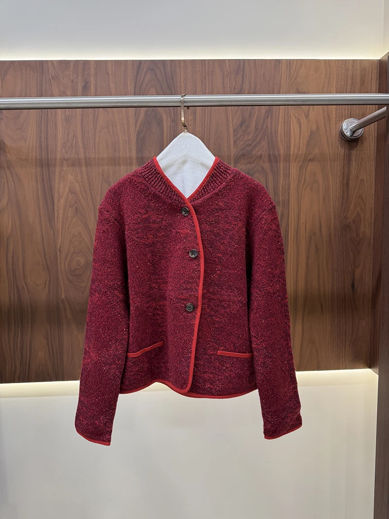 Stand Collar Contrast Trim Button Knit Short Cardigan with Patch Pockets for Women