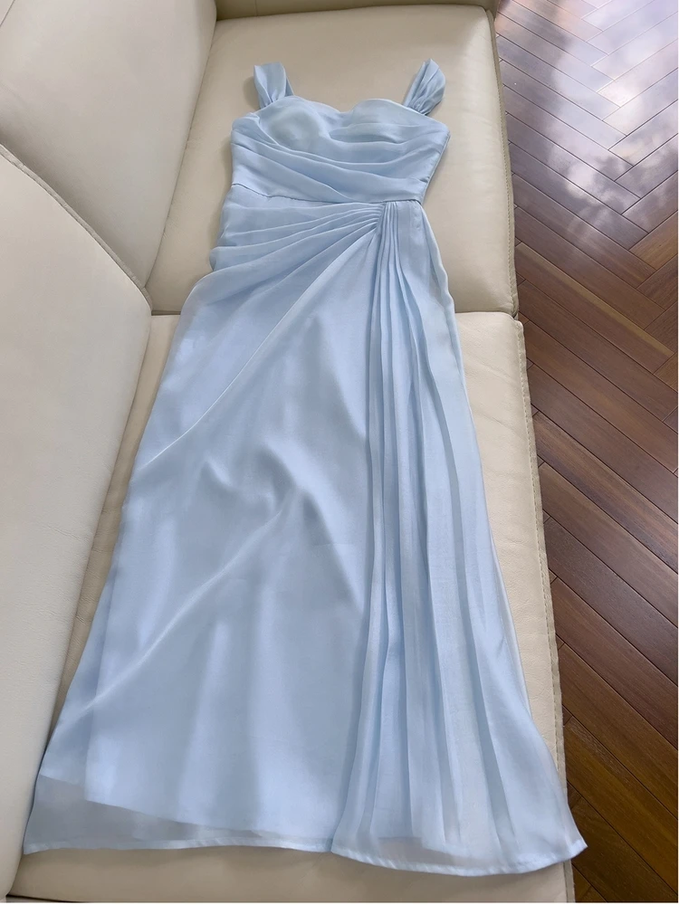 

Ele Blue Design Sense ature Pleated Slimming Holiday Dr Sli Waist-Cinching Gown for Date And Daily Wear