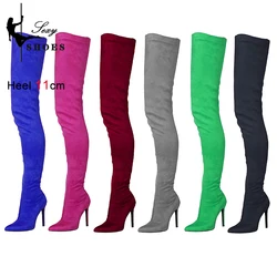 Suede Sexy Over The Knee Thigh High Long Boots Pointed Toe Stretchy Sexy Party Lady Boots Candy Color Autumn Winte Women's Shoes