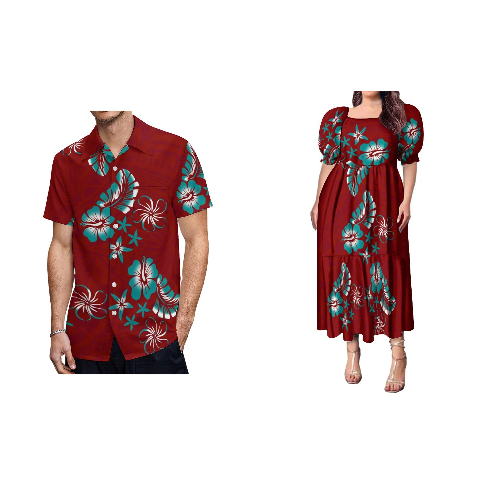 

Wholesale Custom Polynesian Tonga Tribal Design Couples Matching Outfits Puff Sleeve Ruffles Tiered Dress And Mens Shirts Aloha