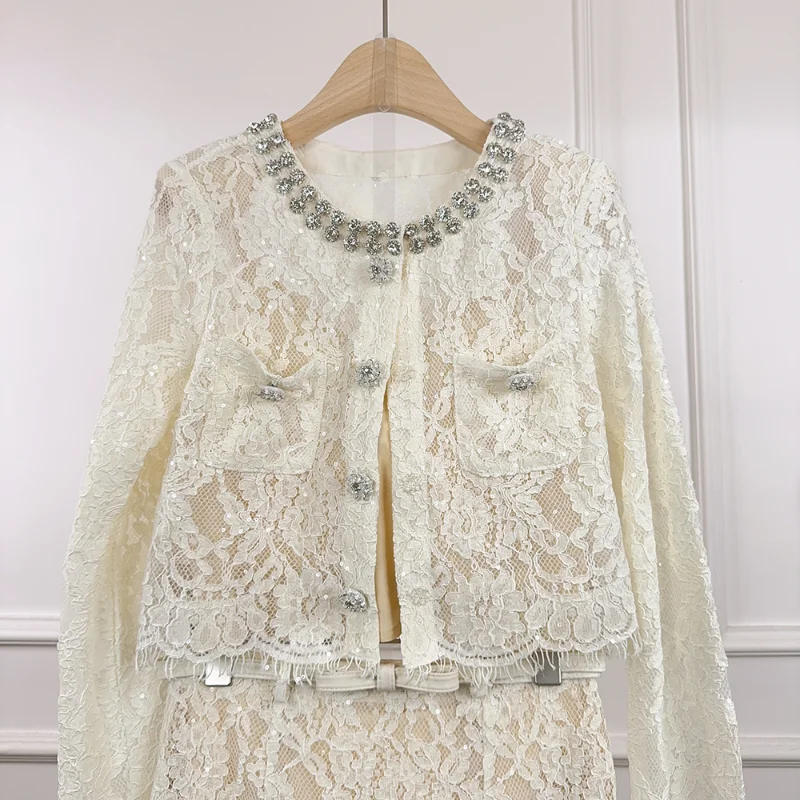 Women High Quality Lace Diamond Small Fragrance Short Coat + Fishtail Skirt Suit Wedding Party Luxury Elegant Two-piece Set