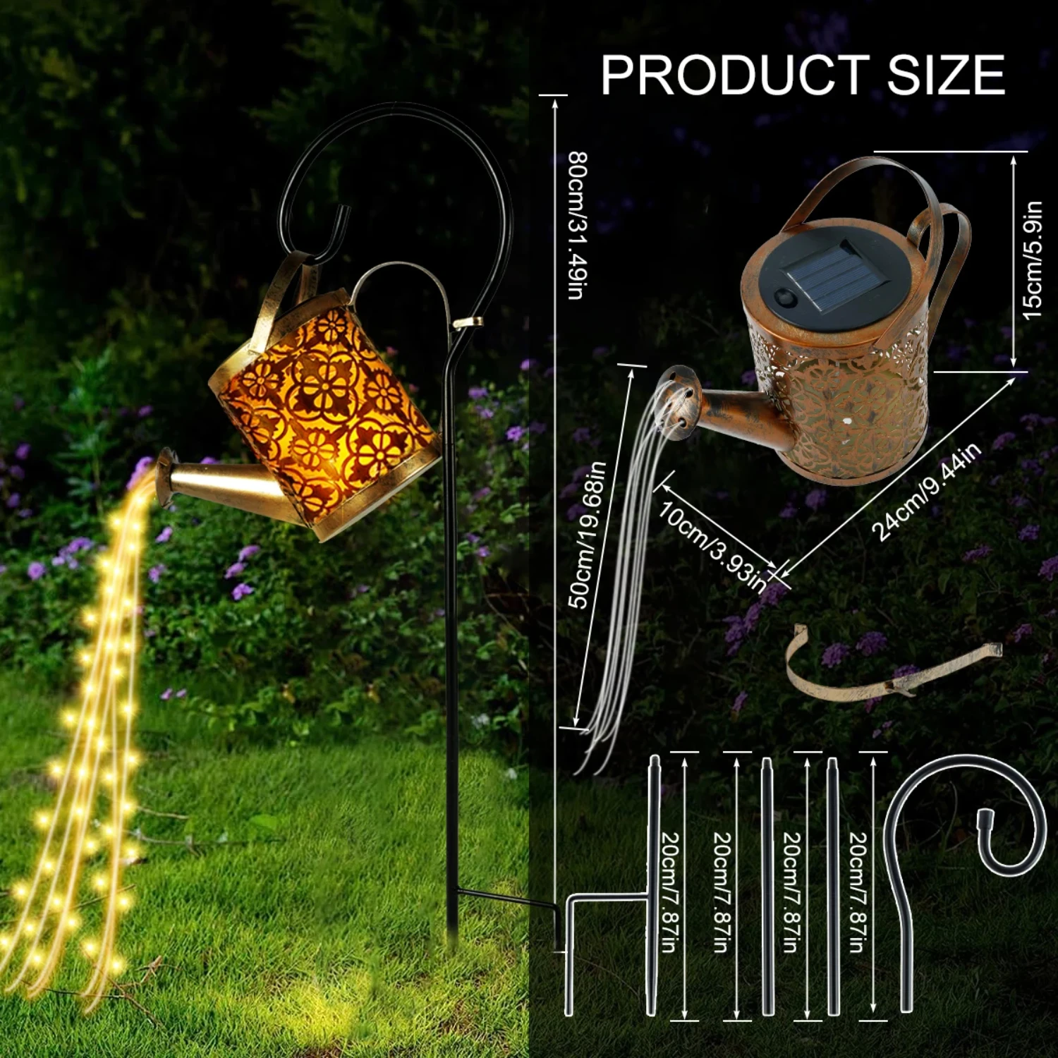 Vintage Rustic Waterproof Metal Lanterns with Soulful Glow and 36 LED Kettle String Lights - Hanging Watering Can Solar Powered