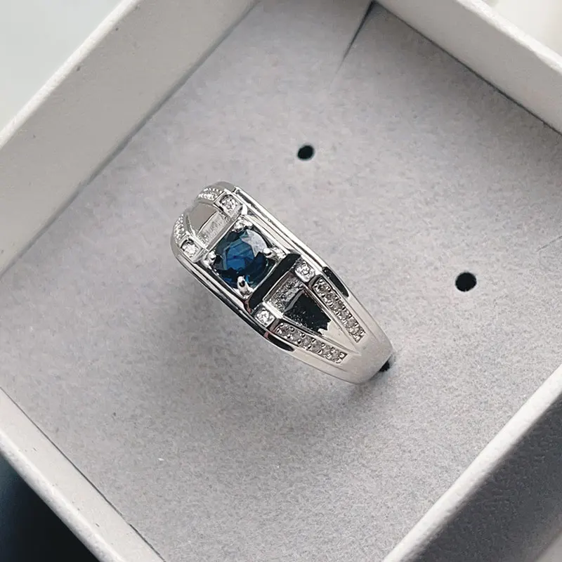 

Natural 5mm Sapphire Statement Ring 925 Sterling Silver Fine Dark Blye Sapphire Ring for Men