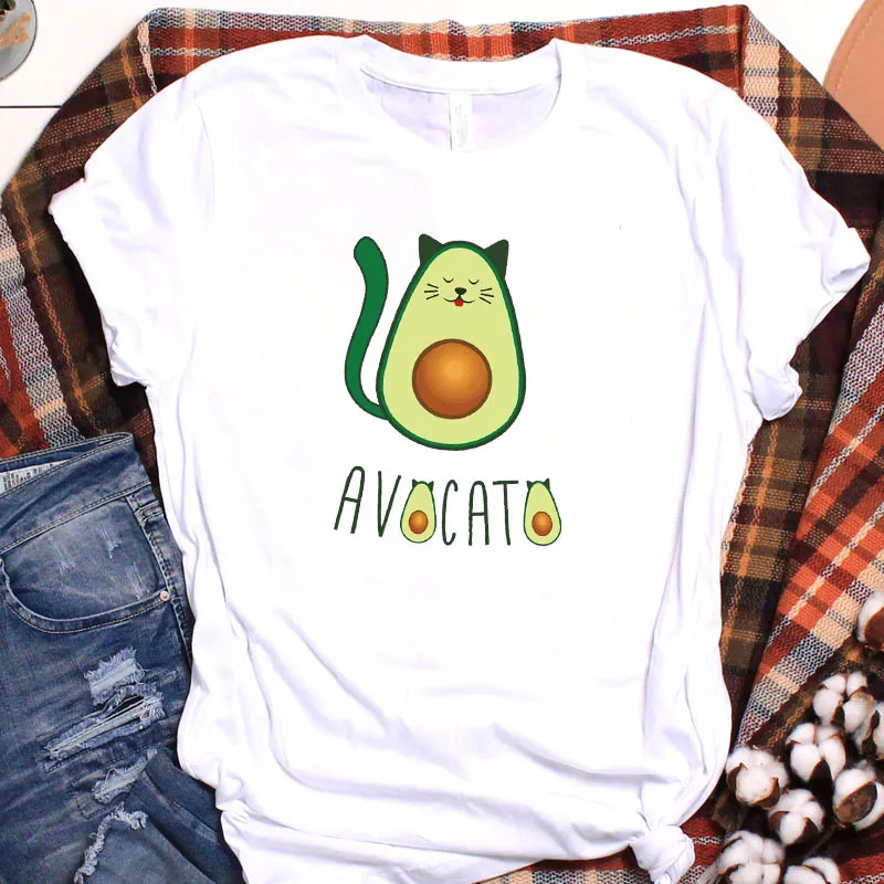 Women Avocado Cat Smile Sweet Print Fruit Cartoon Ladies Graphic Top Tshirt Pretty T Tee Nice Womens Shirt Clothing T-shirt