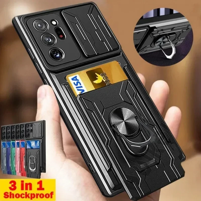 Case For Samsung S24 Ultra Plus S23 Ultra Plus A55 A35 A25 A15 A14 5G Slide Stand Ring Camera Military Grade Card Slot Cover