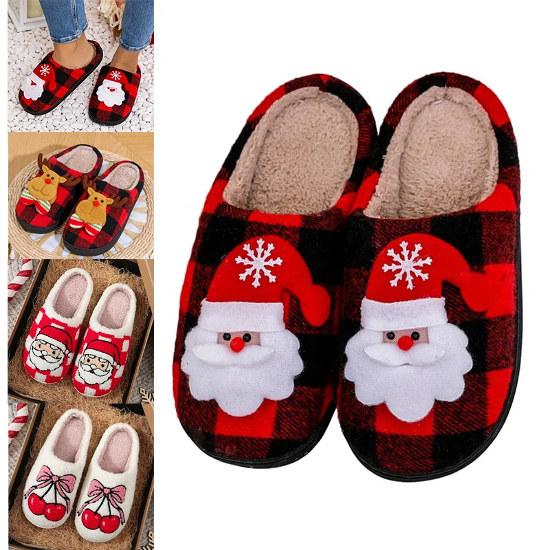 Christmas Fluffy Fur Slippers Cozy Santa Claus Plush Closed Toe Slippers Soft Plush Slip-on House Shoes Plaid Household Supplies