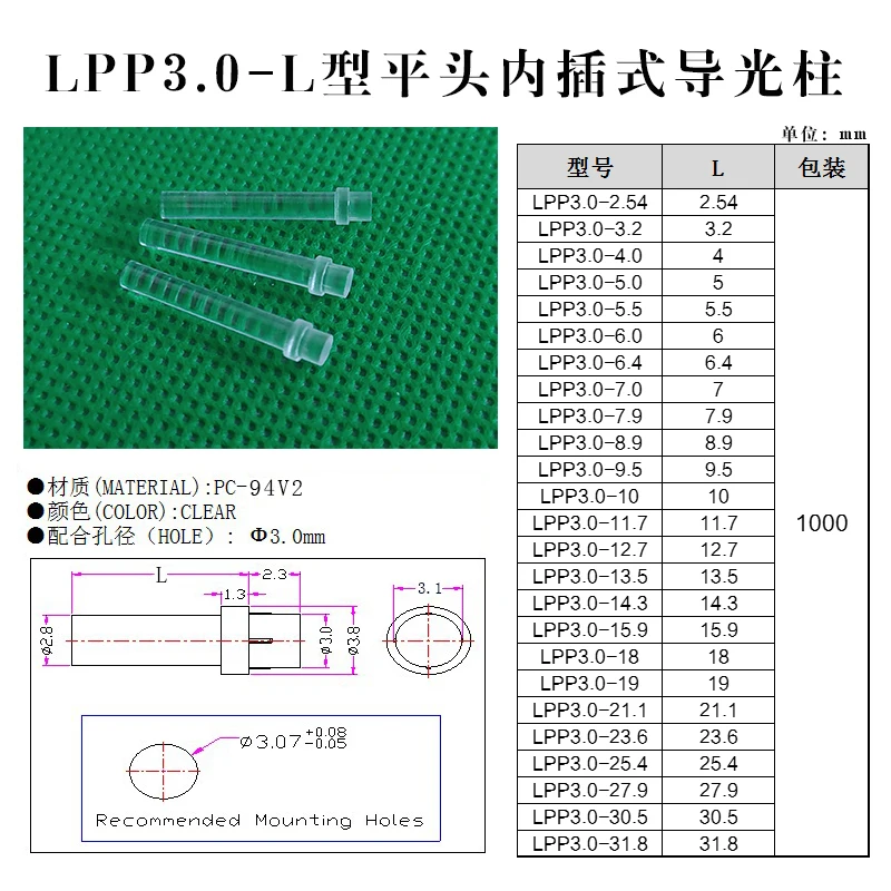 100 PC Clear color 2.54MM-42MM LIGHT PIPE FOR 3MM Led Diode LED Tube Lampshade Replace LPP3.0 Flat head light