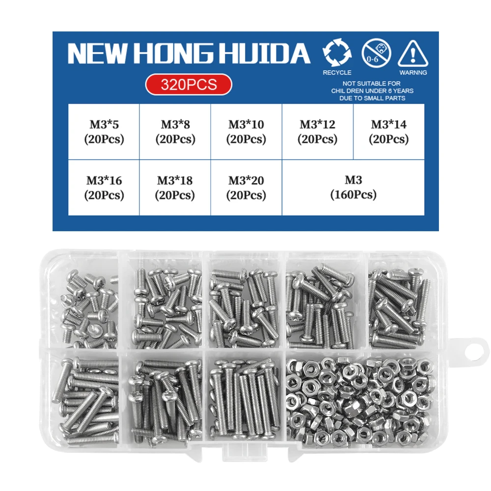 M1 M1.2 M1.4 M1.6 M2.5 M3 Small Machine Screw 304 Stainless Steel Phillips Round Head Cross Metric Bolt Box Set Assortment Kit