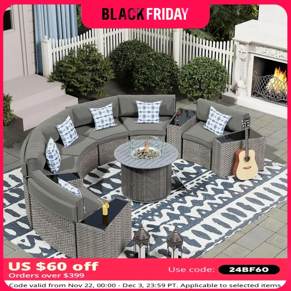 Patio Furniture Set with Fire Pit Table,Integrated Outdoor Sectional 11 Pcs Rattan Modular Curved Sofa Set with Propane Fire Pit