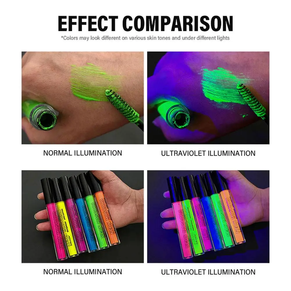 6가지 색상 네온 아이 마스카라 밝은 색상 형광 24시간 오래 지속되는 방수 얼룩 방지 마스카라 카니발 파티 메이크업용