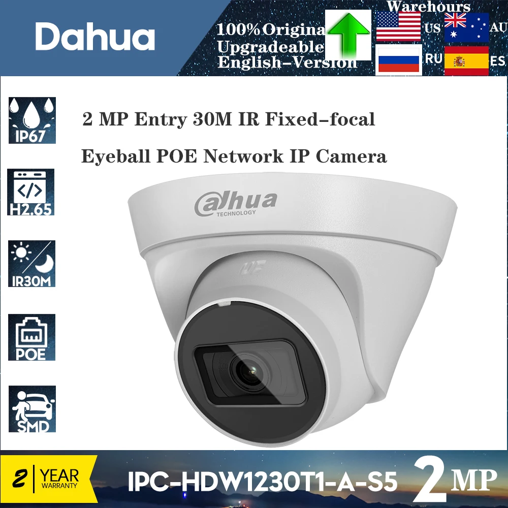 Оригинальная Dahua IPC-HDW1230T1-A-S5, 2 МП, вход, 30 м, ИК-встроенный микрофон, фиксированный фокус, сетевая IP-камера с питанием от глаз, POE, обнаружение движения