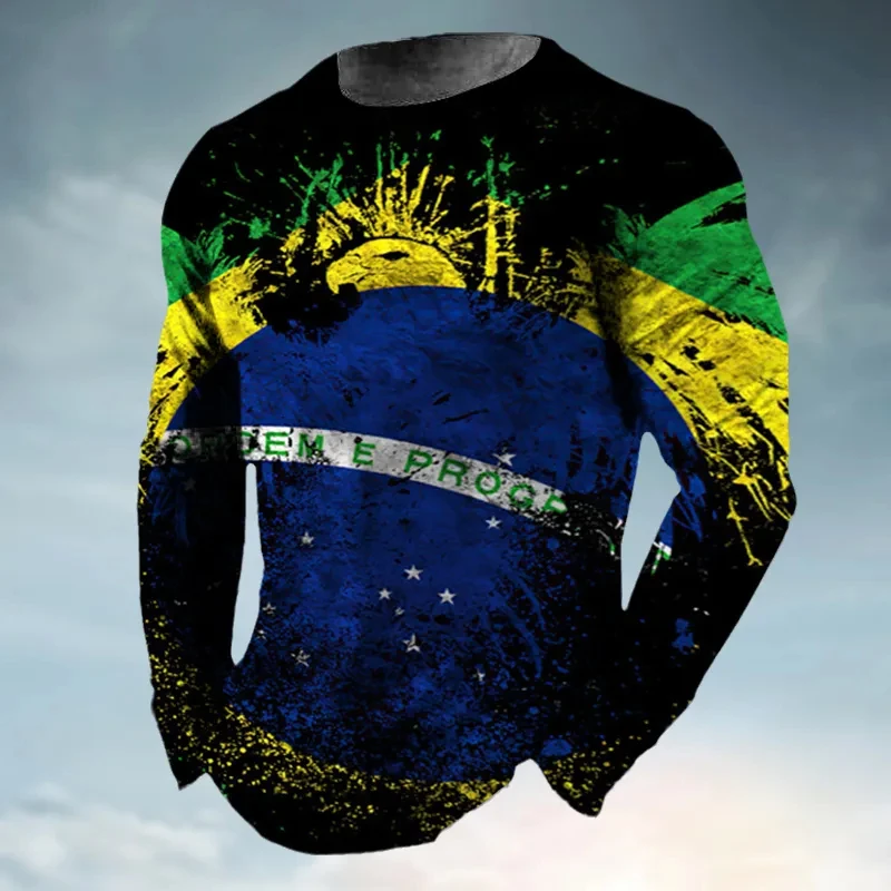 Long Sleeve Tshirts 3D Print Retro Brazilian Flag Emblem  Loose Men Women Unisex Round Neck Harajuku Oversized TShirt Clothes