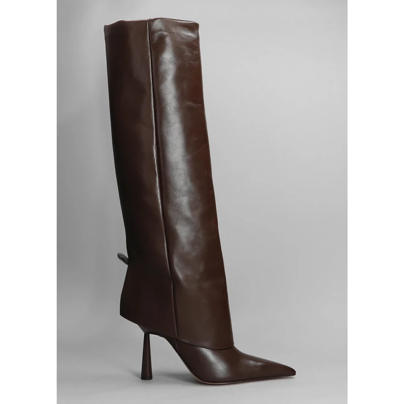 

Brown Pointed Toe Pull Tab Knee-High Shaped Heel Boots Woman Winter 2026 Black Crocodile Pattern High Heel Straight Leg Boots