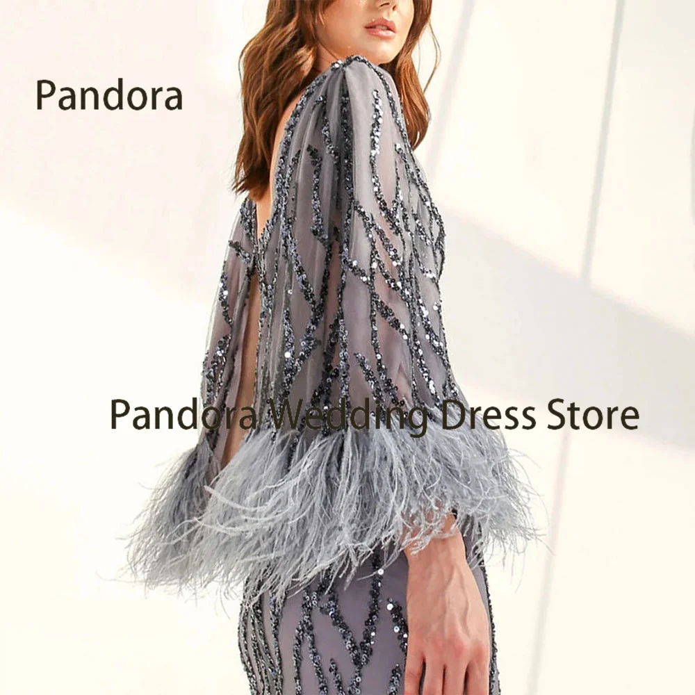 Pandora Women's Ankle-length evening gown with square neck long sleeve mermaid sequin feather slit wedding birthday party dress