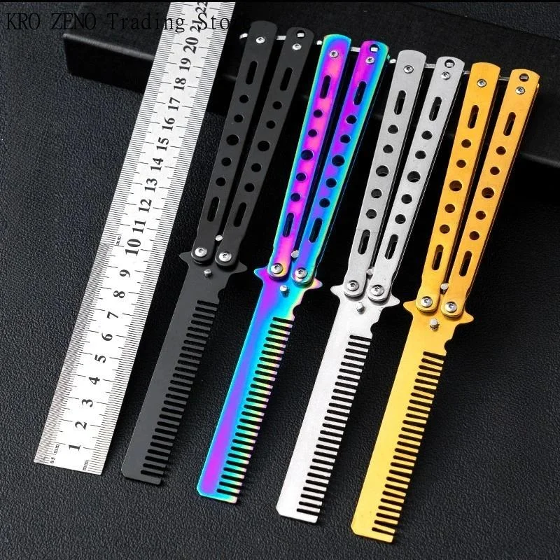1Pcs Stainless Steel Practice Training Butterfly Knife Comb Beard Moustache Brush Salon Hairdressing Styling Tool Foldable Comb✨
