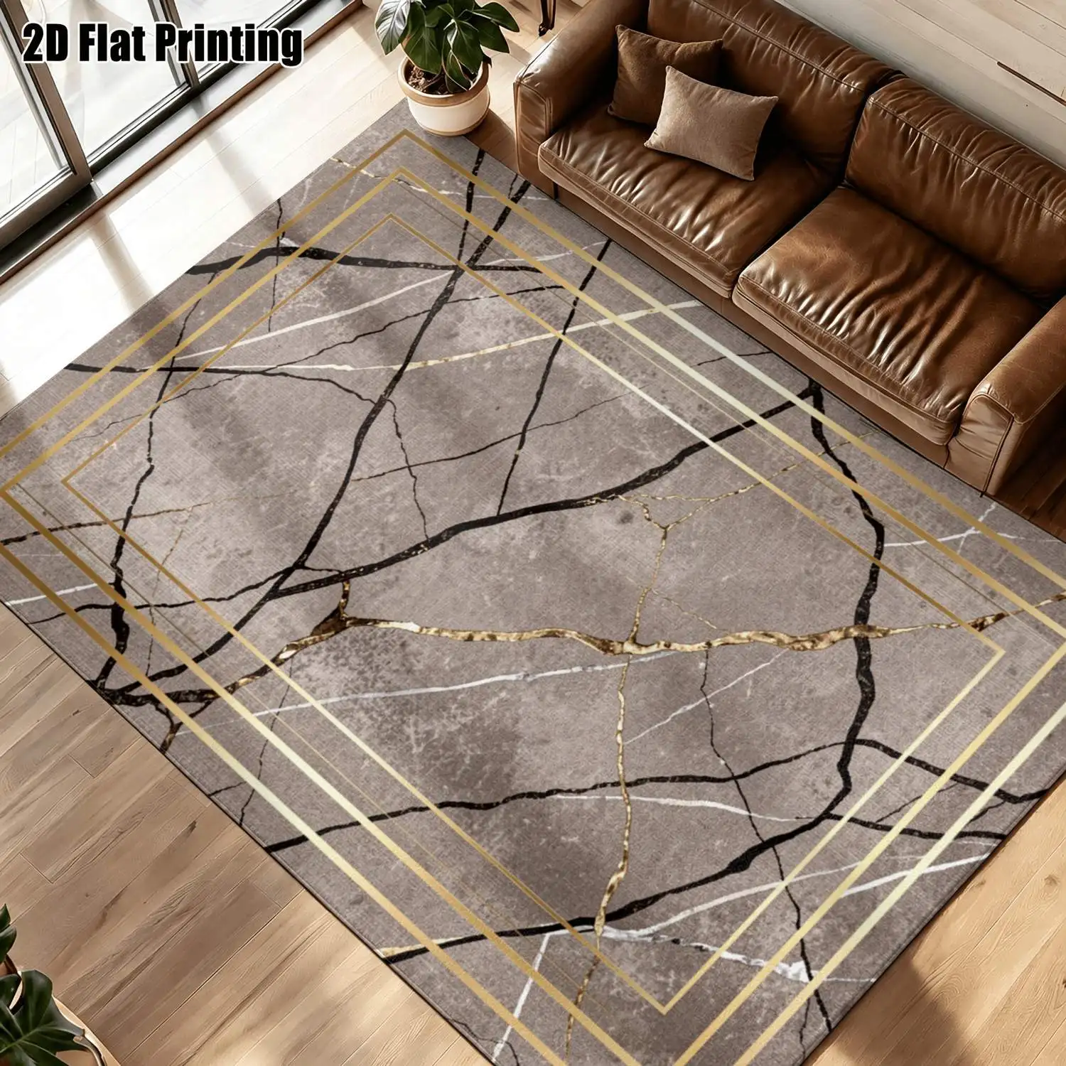 1Pc 2D Printed Nordic-Style Carpet, Gray Gold Cracked Geometric Patterns, Modern Minimalist Home Decor Floor Mat, Instagram-Inspired, Multiple Sizes, Machine Washable, Suitable for Entrance, Dining Room, Foyer, Bedroom, Living Room
