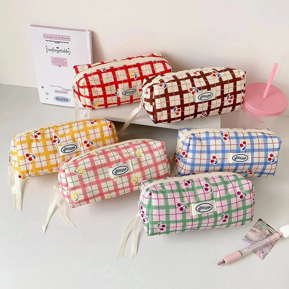 

Large Capacity Y2K Cherry Pencil Case Checkered Cartoon Cherry Cosmetics Storage Korean Pencil Bag Portable Zipper