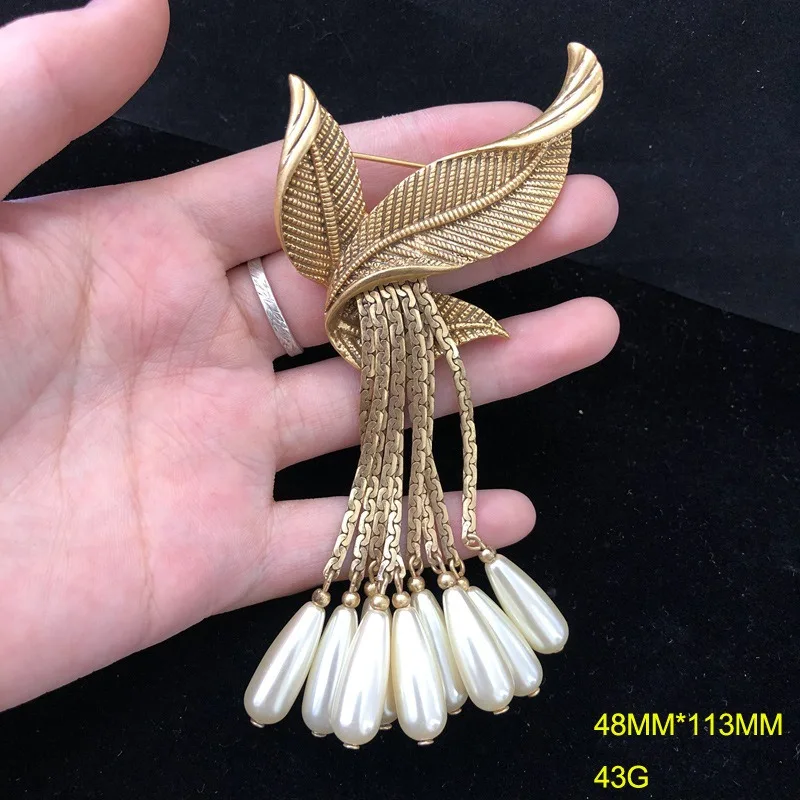 

Baroque Pearl Brooch Earrings Set Copper Russian Real Gold Tassel Brooch Long Earrings Vintage Pins