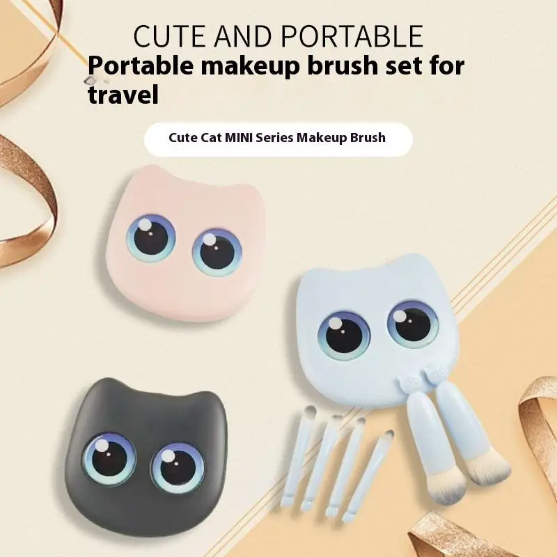 Set di mini pennelli per trucco da viaggio da 6 pezzi con scatola portaoggetti per gatti a specchio Set di pennelli per trucco da viaggio Pennelli per fard in polvere cosmetica