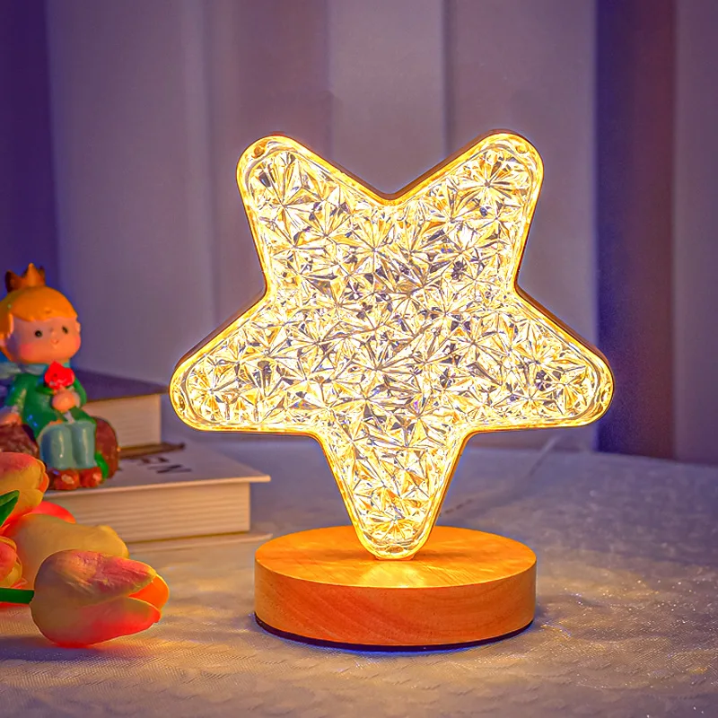 Lámpara de mesita de noche con forma de luna y estrella, luz cálida con USB para decoración de dormitorio, Arte Creativo, cristal acrílico cálido