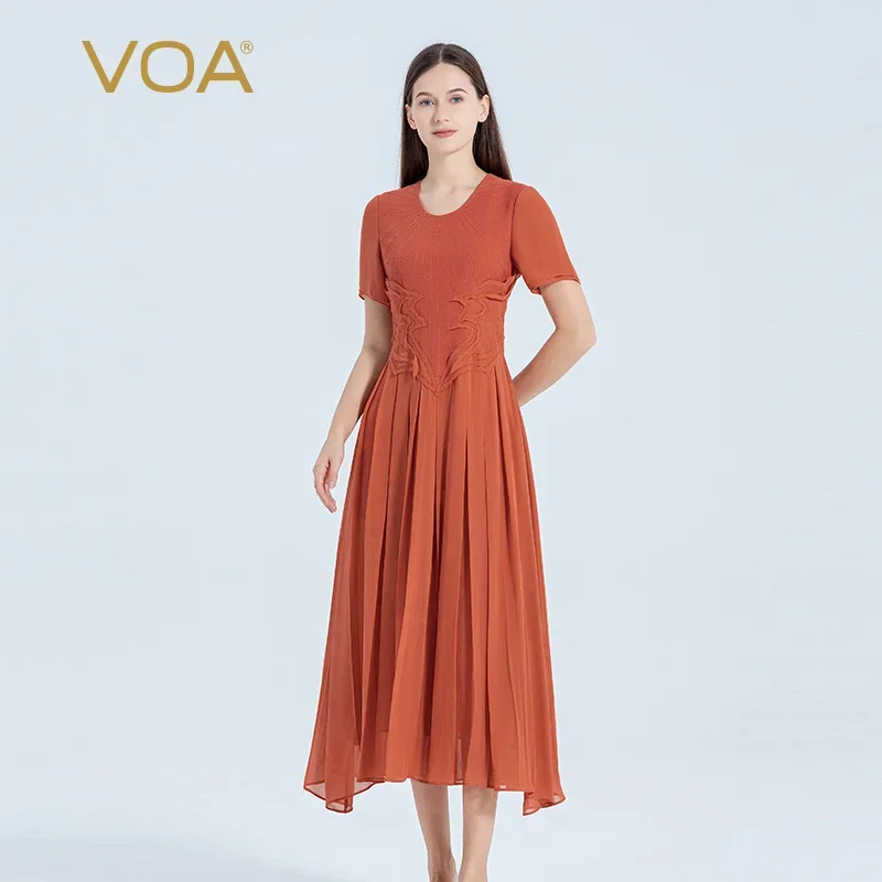 

VOA Heavyweight Silk Rust Red Round Neck Short Sleeve Arch Needle Craft Collision Material Georgi Slim Fit Ladies Dress AE2267