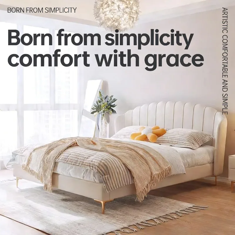 

Top-grain Leather Double Bed With Headboard Nordic Design Bed 2 People Soft Backrest King Size Frame Home Bedroom Furniture Sets