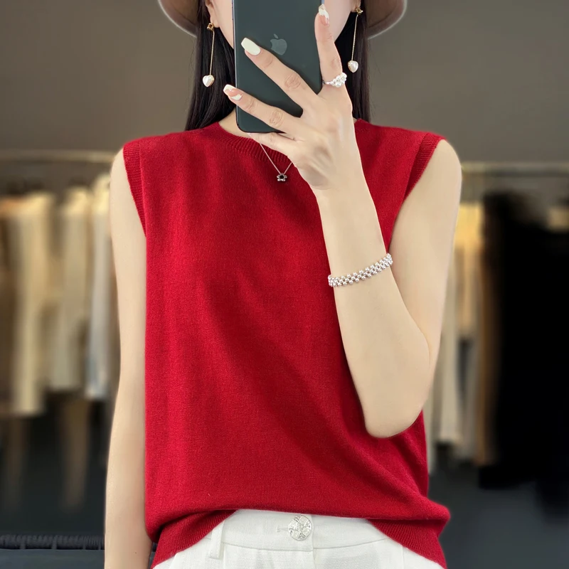 First line ready to wear women knitted short sleeve T-shirt pullover round neck solid color sweater fashion top sleeveless vest