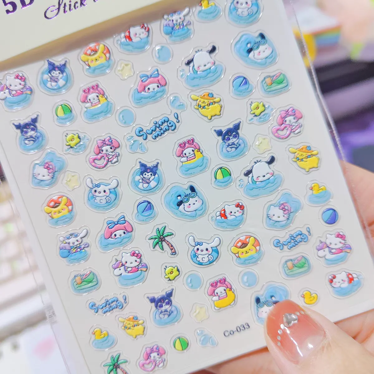 1 sheet Sanrio Pool Party HelloKitty Nail sticker Cute leopard print HelloKitty cartoon anime nail sticker accessories