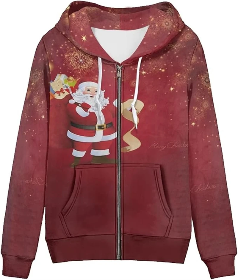 2024 Christmas Men\'s Funny Zip Up Hoodies Unisex 3d Printed Winter Snowman Santa Claus Sweatshirt Harajuku Y2k Fashion Men Coat
