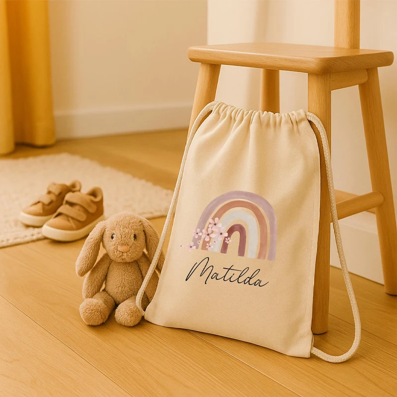 

Personalized Name Rainbow Drawstring Backpack for Children Custom Back To School Party Decoration Accessories Kindergarten Gift