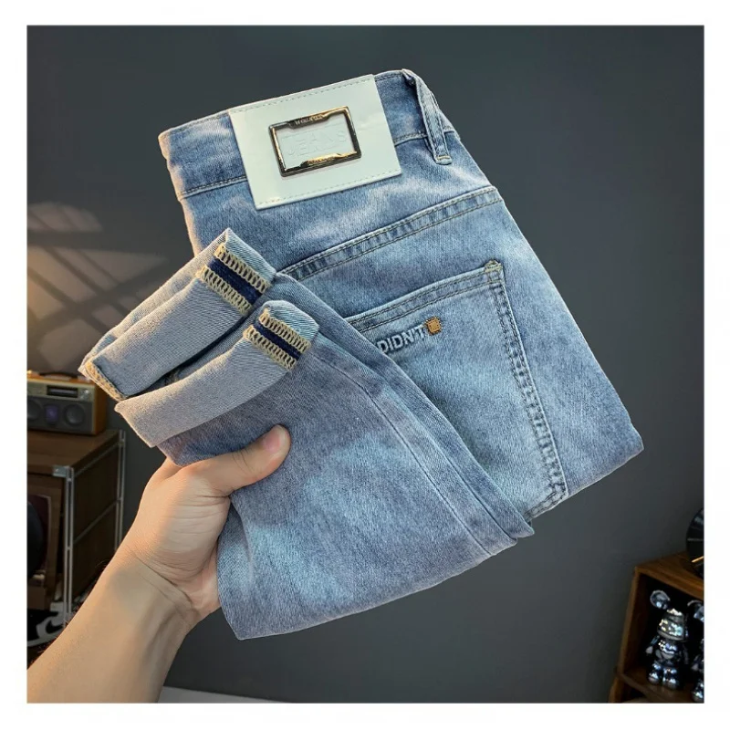 2024new jeans men\'s summer thin fashion brand printed slim fit skinny stretch micro loose casual Korean style cropped pants