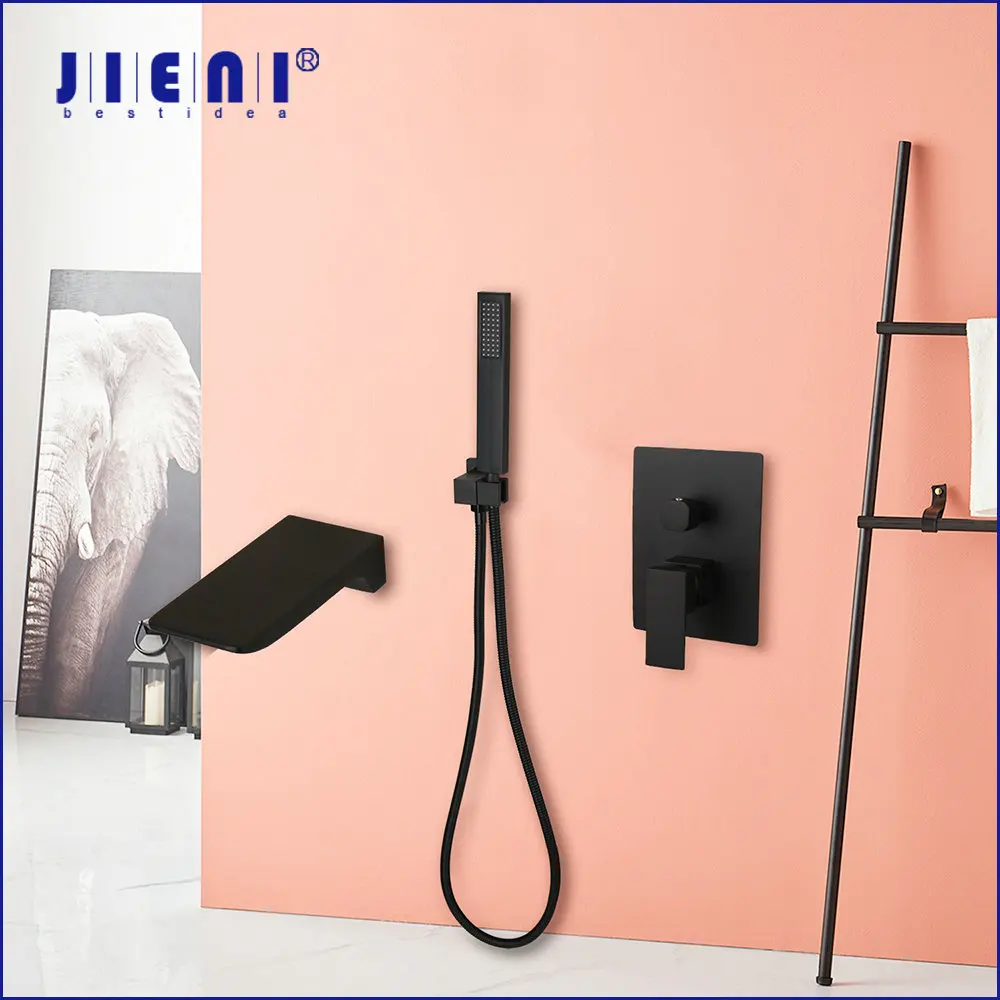 JIENI Matte Black Rainfall Shower Faucet Set Wall Mount Handle Shower Mixer Faucet Square Handshower Embedded box Bathtub Shower