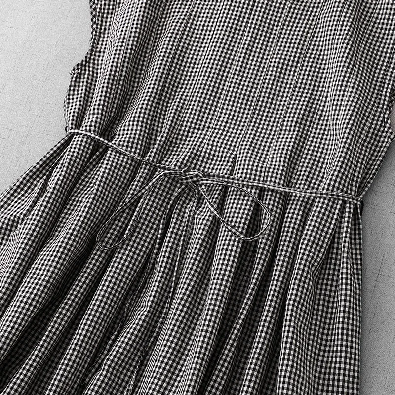Vestido Midi Hoado de Verano a Cuadros Blancos y Nes, de Aodón, H a Mano, con Cinturón, Cintura Alta, Pado, Sin...