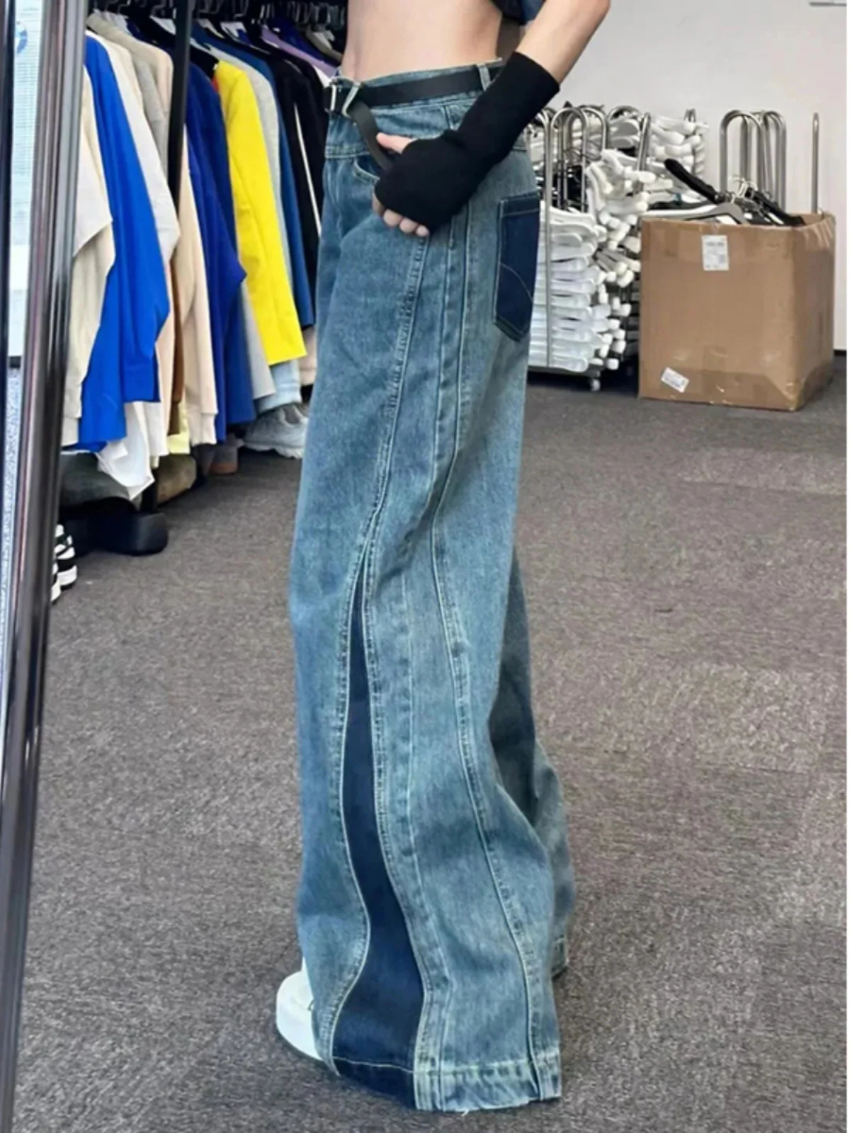 

Womens Blue Jeans High Waist Baggy Casual Vintage Y2K Design Sense Straight Pants Street American Summer Wide Leg Denim Trouser