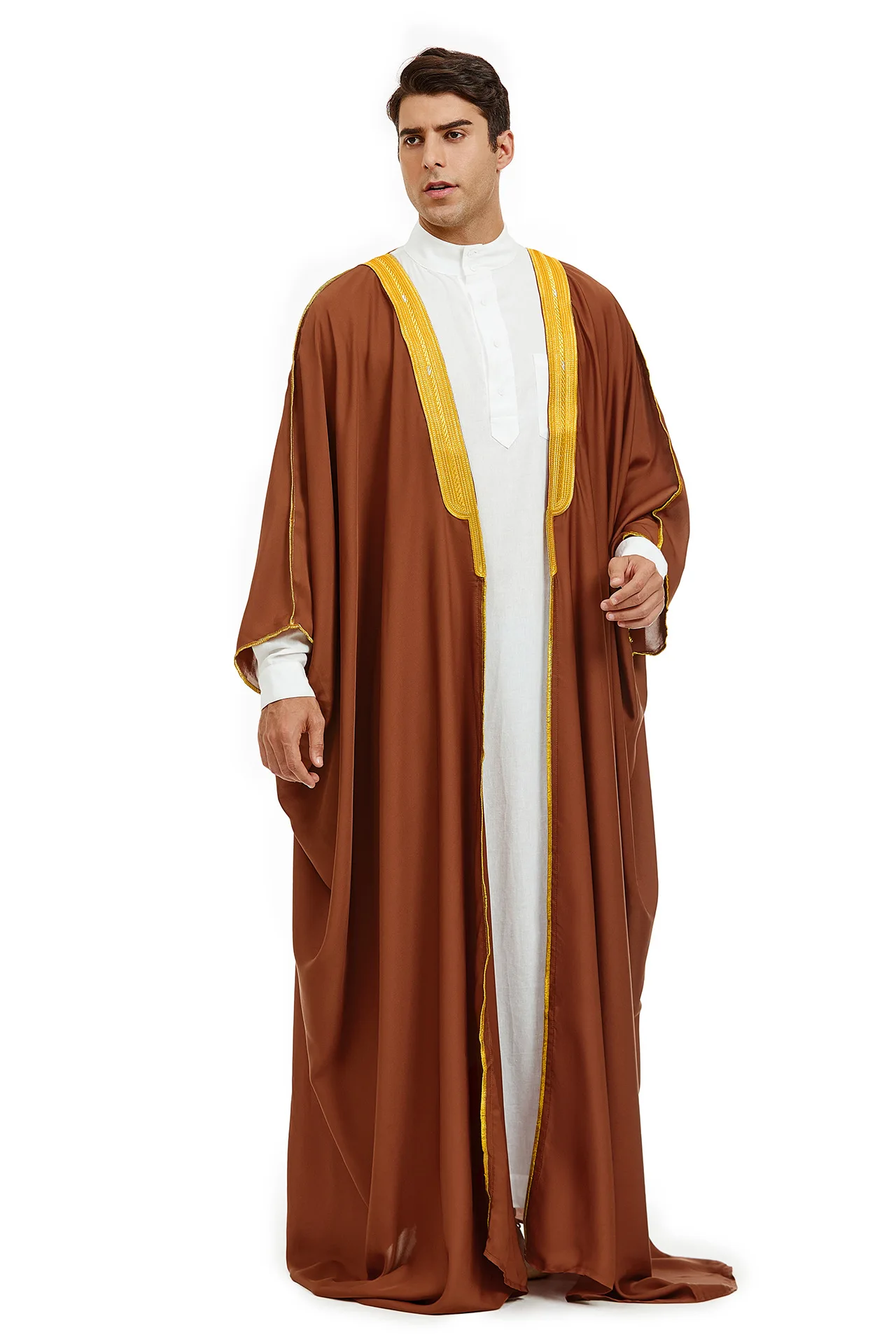 Saudi Arabic Men Bisht Robe Kimono Kaftan Muslim Prayer Islam Dress Dubai Jubba Thobe Abaya Turkey Eid Thoub Djellaba Dishdasha
