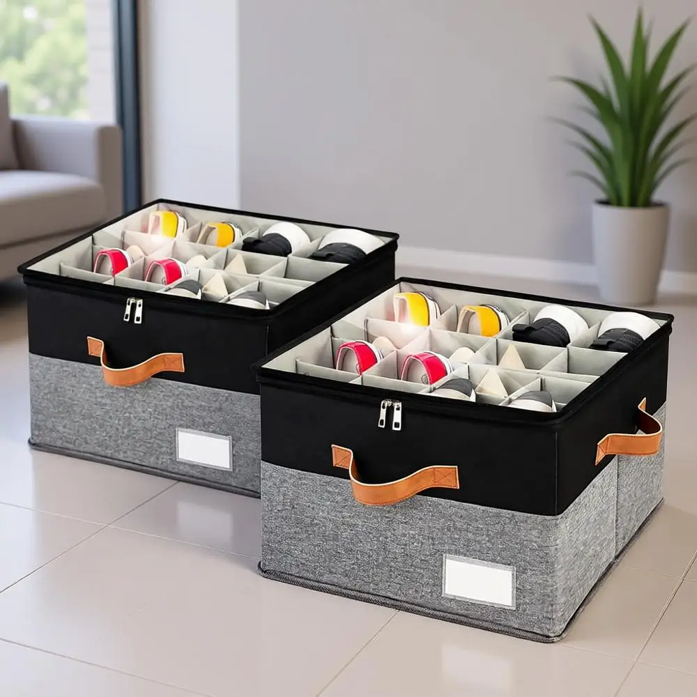 

Clear-Covered Shoe Storage Bins, Space-Saving Holder, Adjustable Containers for 8-16 Pairs, 2-Pack, Black