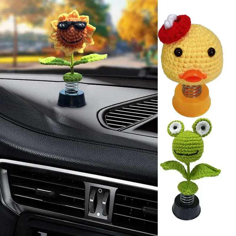 Crochet Car Decorations Sunflower Frog Duck Bobblehead Car Decor Animated Bobble Dancer Car Decor Aesthetic Accessories For