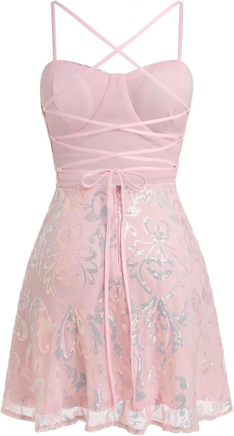 Mini abito da donna con paillettes scintillanti e cinturino per spaghetti, linea ad A, altalena, discoteca, ballo, abito da laurea al ginocchio