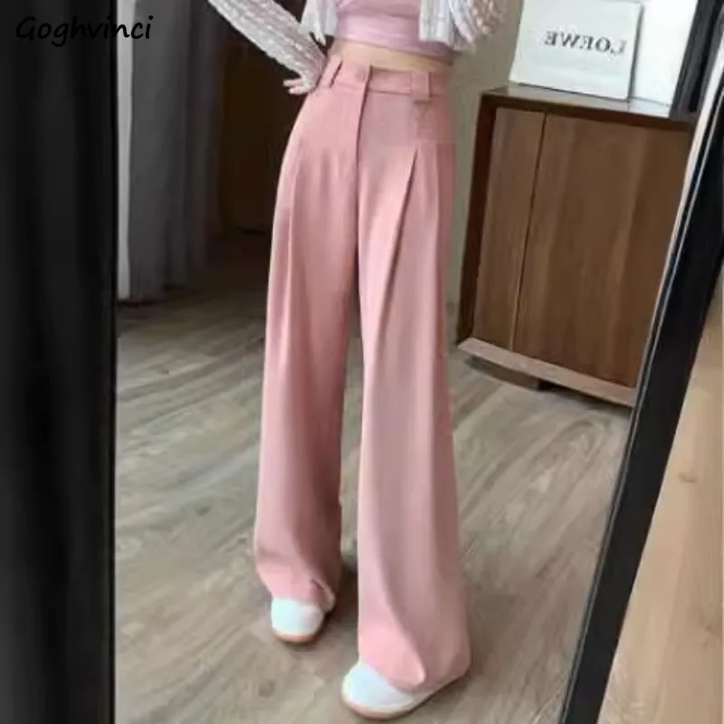 Solid Wide Leg Pants Women Spring Summer Loose Slim High Waist Zipper Single Button Pockets Leisure All-match Office Lady Chic