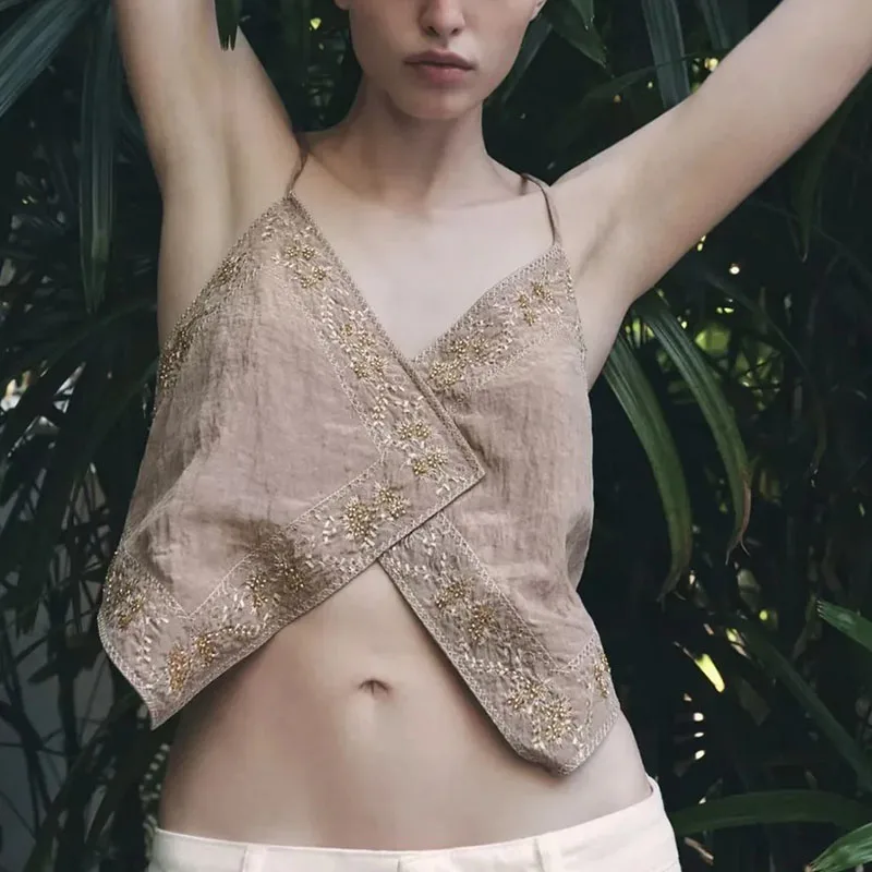 Spring 2025 Women's Street Style Embroidered Color Block Crop Top Beaded Detail Polyester Fiber 100% New Fashion Trend