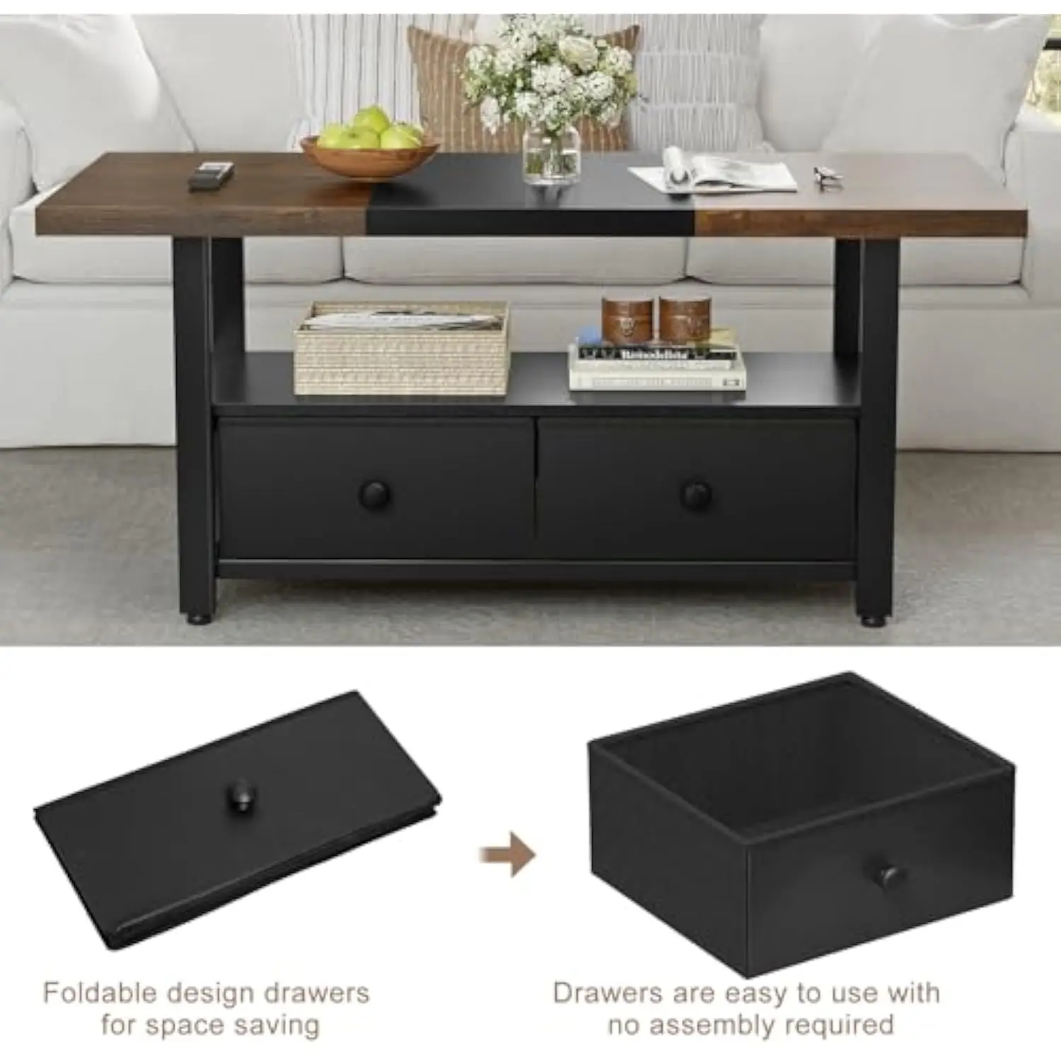 2-Tier Coffee Table with Storage Shelf and 2 Drawers, 46'' Rectangular Center Table Wood Top for Living Room Reception Room, M