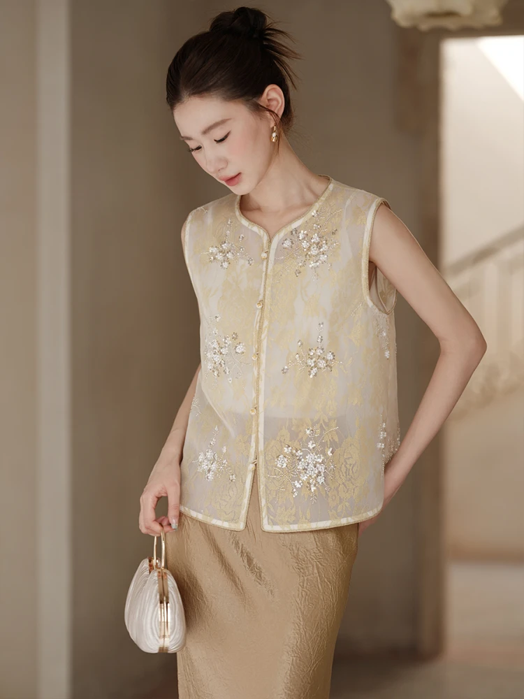 

Ele Chinese Sle Embroidered Jaet Women's Summer Thin Sequin Embroidery Floral Pattern Button up Top Loose Fit ort S...