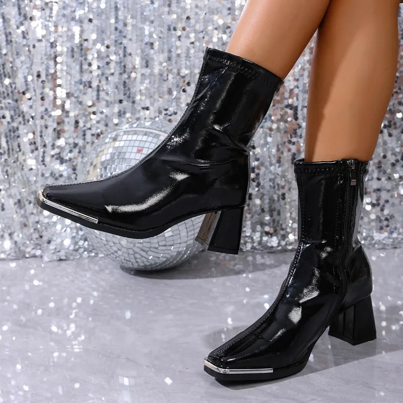 

Новинка 2025 года, осенние и зимние ботильоны с квадратным носком, женские весенне-осенние одинарные ботинки на толстом каблуке и высоком каблуке