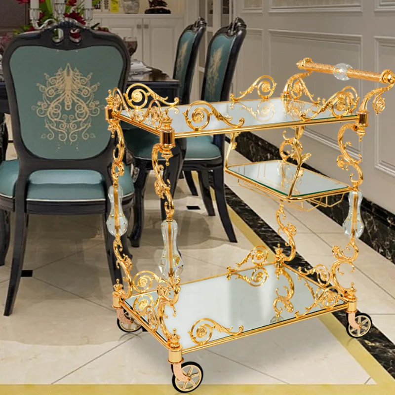 

Elegant Restaurant Trolley Art Wedding Decoration Luxury Light Dining Cart Golden Copper Hotel Trolley