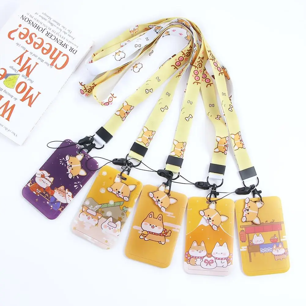 Gantungan kunci dengan Lanyard Shiba Inu, wadah kartu kredit, penutup penyimpanan kartu ID, kontrol akses kartu, wadah kartu kartun