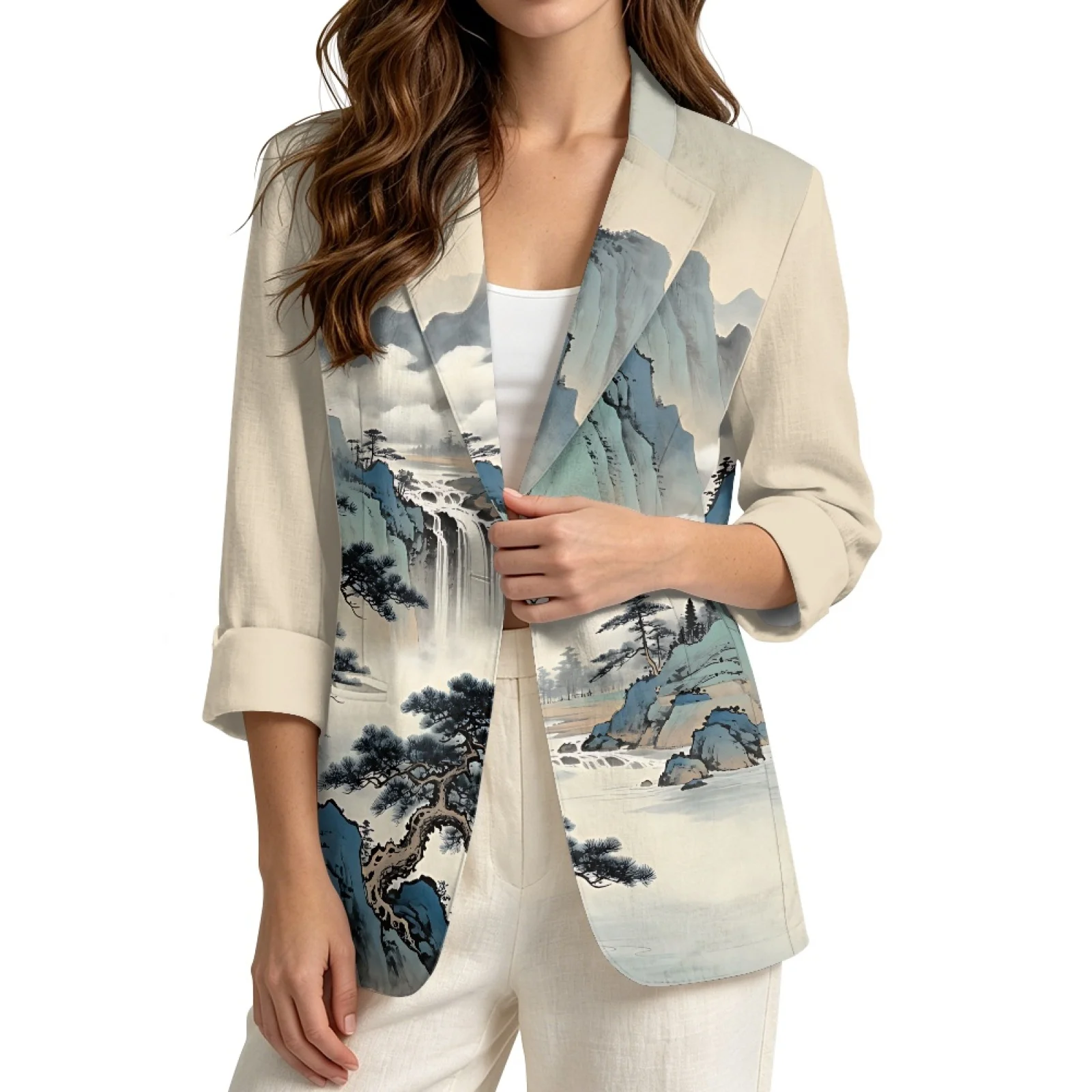 PENSTROLL Casual Linen Style Beach Cardigan Open Front Light Cover Up for Workout Ink Landscape Print