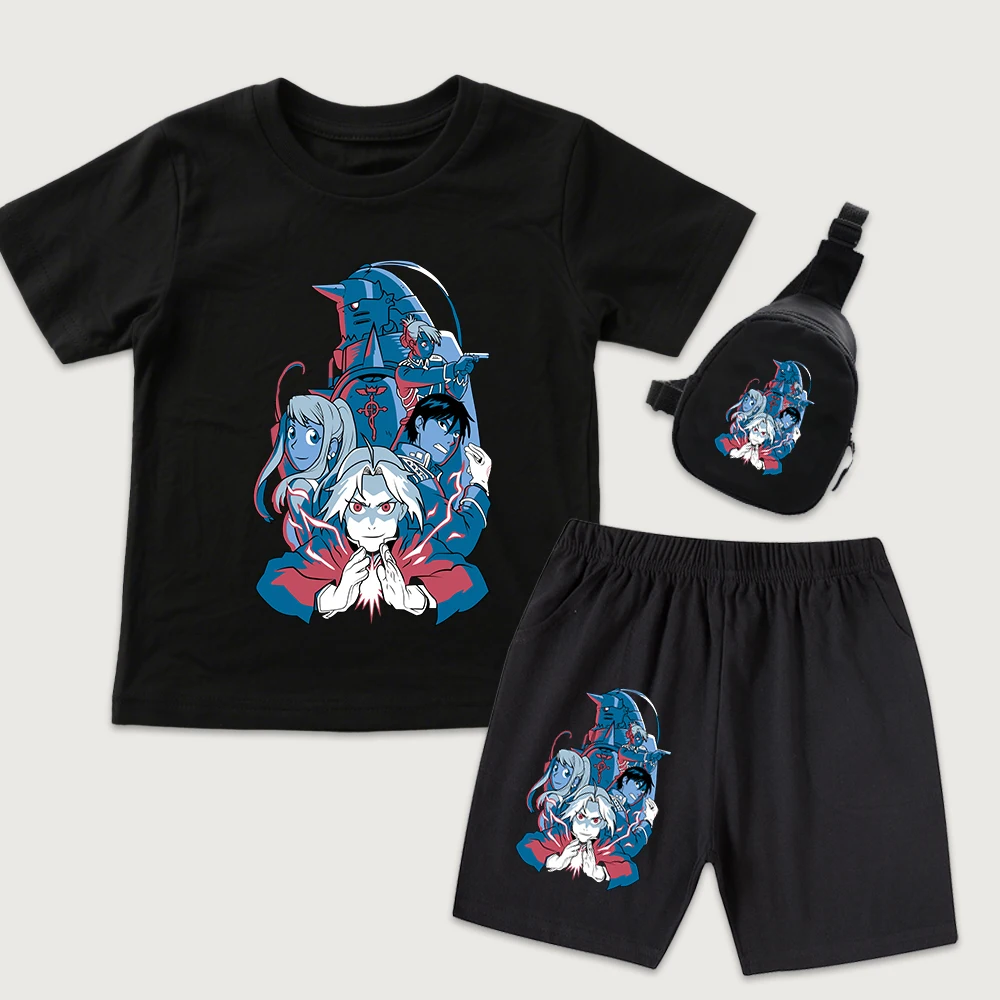Full Metal Alchemist Characters Anime Print Cotton T Shirt Shorts Mini Chest Bag 3 Pieces Set for Kids Boys Girls Summer Outfit