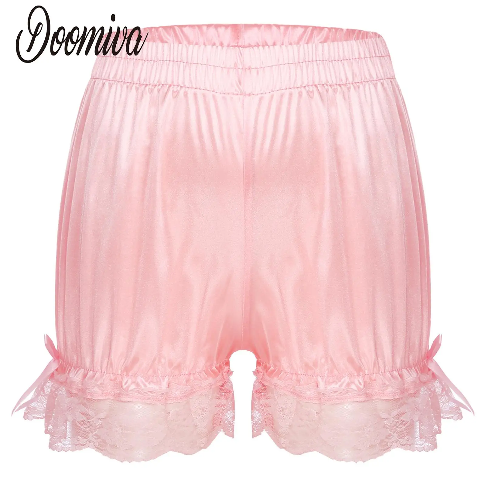 Women Lace Trim Satin Shorts Lolita Pajama Bottoms Breathable Bloomers Culotte Bowknot Ruffle Elastic Waistband Shorts Casual