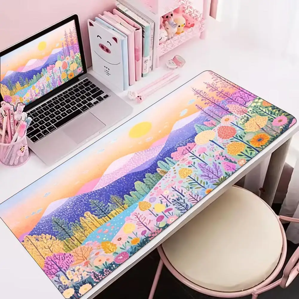 Pastel Mountain Floral Gaming Mousepad Sunset Scenic Desk Mat Non‑Slip Rubber Stitched Edge Pad For PC Gaming Enthusiasts